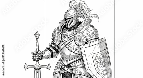 Mighty Medieval Knight in Full Plate Armor Holding Sword and Shield - Detailed Black and White Fantasy Illustration