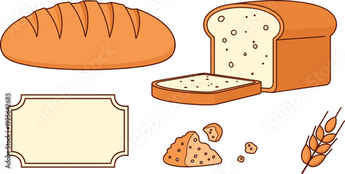 Fresh Baked Bread and Sliced Loaf Vector Illustration Set with Wheat Ear and Blank Label for Bakery Shop Menu and Food Branding