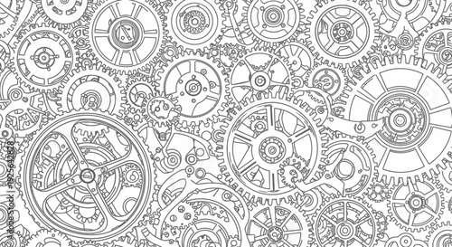Intricate seamless pattern of interconnected gears and cogs. Detailed mechanical clockwork engineering technology background.