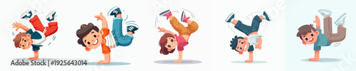 Cheerful Cartoon Style Diverse Children Practicing Breakdancing Illustration Set