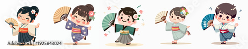 Cartoon Cute Little Character Dancing with Japanese Fan in Kimono Illustration