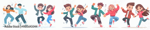 Joyful Cartoon Style Diverse Group of Friends Dancing Together Illustration