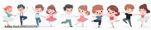Charming Handdrawn Dancing Children Cute Cartoon Illustration Characters Set