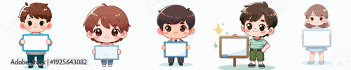 Kawaii Style Cute Child Holding Blank Sign Board Characters Illustration