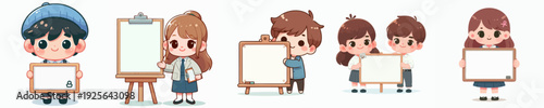 Cute Style Various Student Character Holding Blank Board Illustration