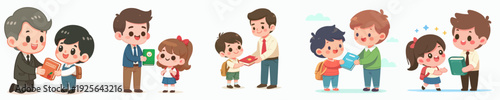 Cartoon Style Adorable Teacher Giving Book to Student Character Illustration