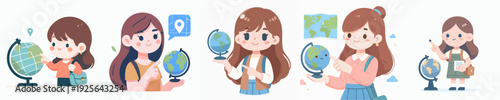 Cute Handdrawn Little Girl with Globe Learning Geography Illustration Set