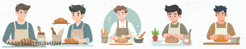 Flat Design Man Baking Homemade Bread Illustration Cooking Occupation Scene