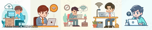 Cartoon Illustration of Man Frustrated with Poor Internet Connection at Work
