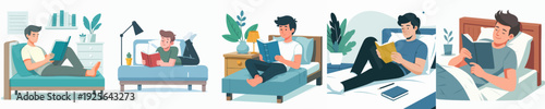 Flat Illustration Set of Young Man Reading Book at Home Lifestyle