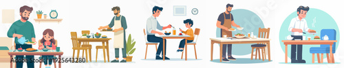 Simple Illustration Set of Fathers and Their Children in Daily Cooking Activities