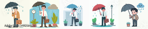 Cartoon Illustration Businessman Walking in The Rain with Umbrella Character Asset