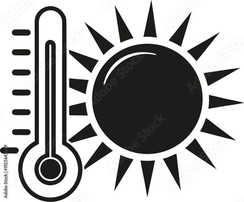 “Minimalist sun icon with thermometer rising, heatwave hazard symbol.”