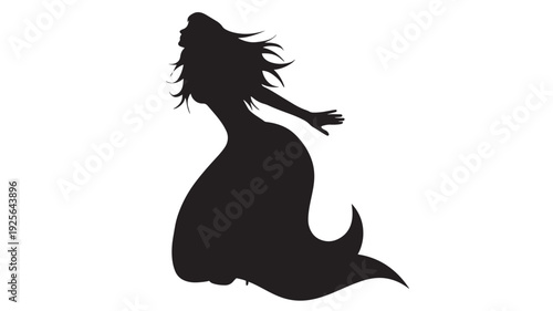 Mermaid silhouette with flowing hair and curved tail, elegant female sea creature pose, black cutout icon isolated on white background for fantasy logo design