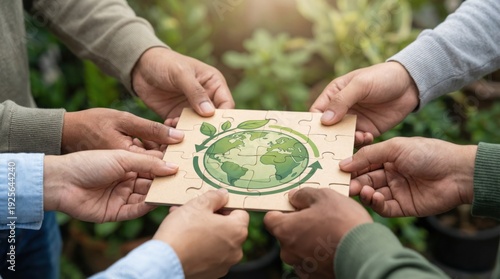 Collaborative teamwork connecting puzzle pieces with sustainability earth icon for environmental responsibility and eco-friendly solutions to promote green industry and climate action goals