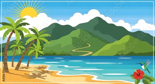 Tropical beach with palm trees and mountainous landscape  a serene getaway