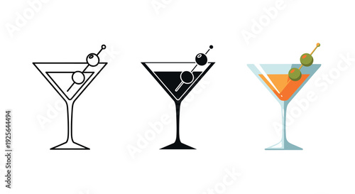 A set of colorful martini glasses with olives on a white background