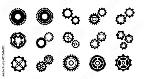 A collection of black and white gear icons on a plain background