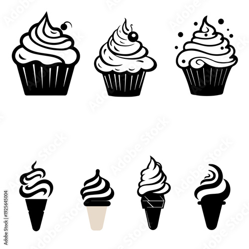 Modern design of minimalist images of confectionery and ice cream, set on a white background