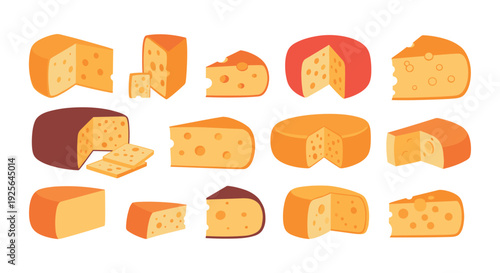 A colorful illustration of various cheese types and cuts on a white background
