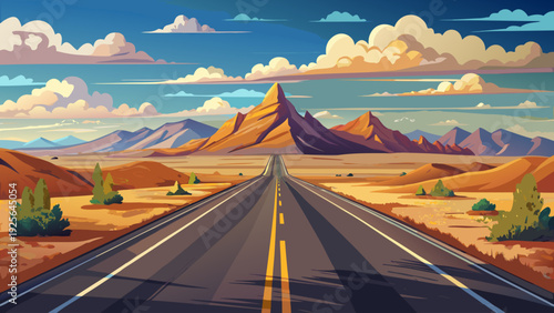 Very beautiful empty asphalt highway stretching toward distant mountains beneath a textured cloudy sky in a vast desert landscape.
