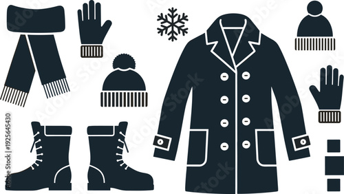 Winter Clothing and Cold Weather Accessories Vector Illustration Set with Coat Boots Scarf Gloves and Beanie for Seasonal Fashion