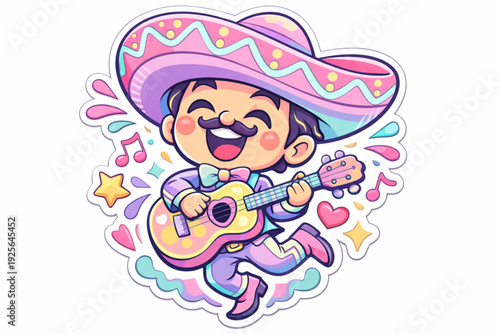 Dynamic Mariachi Sticker Illustration with Guitar and Pastel Palette