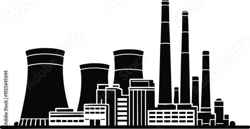 Industrial factory silhouette with cooling towers and chimneys representing power generation and manufacturing isolated on white background for design