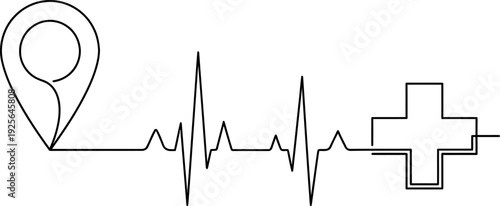 Continuous Line Location Pin ECG Wave and Healthcare Cross Medical Vector