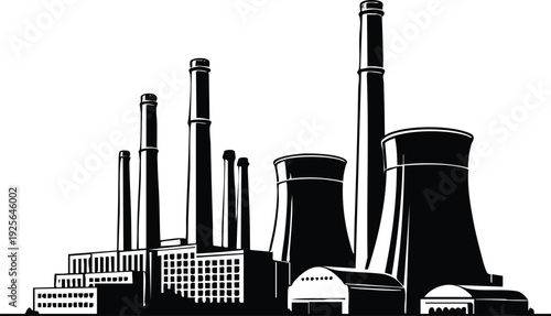 Industrial power plant with cooling towers and smokestacks a silhouette illustration representing energy production and manufacturing isolated on white isolated on white background