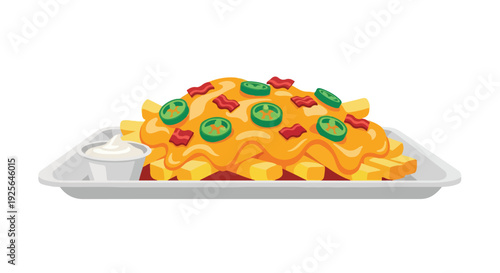 A plate of loaded nacho cheese fries with jalapenos and salsa on a white plate against a plain background.