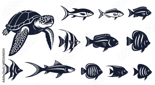 Collection of various fish and a sea turtle in black silhouettes on a white background.