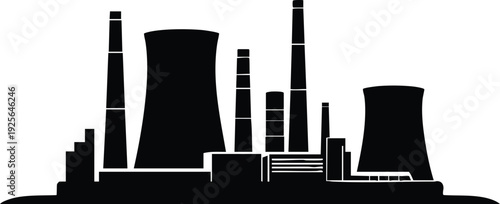 Silhouette of a power plant with cooling towers and smokestacks industrial vector illustration for energy and manufacturing concepts isolated on white background