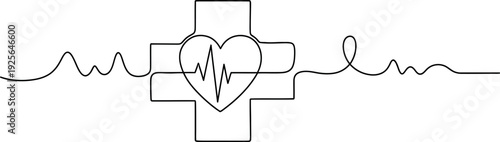 Continuous Line Heart Circle Cross Healthcare Symbol Medical Aid Vector