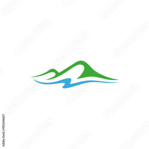 mountain view logo with flowing water in flat design style