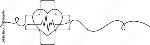 Continuous Line Vector: Heart with Cross Circle Healthcare Medical Icon