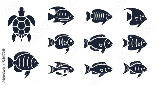 Collection of black fish and turtle silhouettes on a white background.