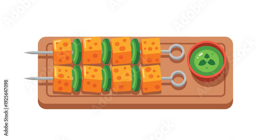 Flat lay of sushi rolls on skewers with a green dipping sauce on a wooden board against a white background.