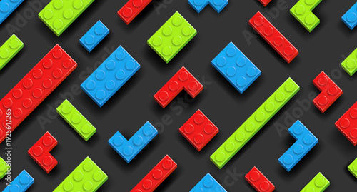 Seamless background made with realistic multicolor plastik constructor blocks on dark grey background. Play and build concept. Vector illustration