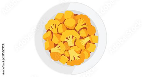 Top-down view of a plate filled with sliced orange shaped like flowers on a white background.