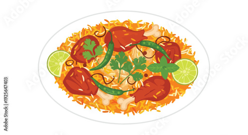 Overhead view of a plate of spicy chicken biryani with rice, garnished with herbs and lime wedges.