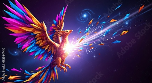 Vibrant phoenix rising with radiant light and colorful plumage