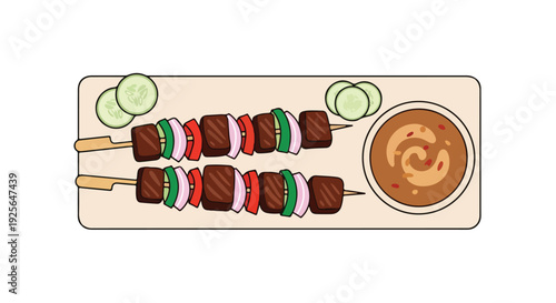Flat lay of colorful kebab skewers with meat and vegetables on a wooden board with a bowl of sauce and sliced cucumbers.