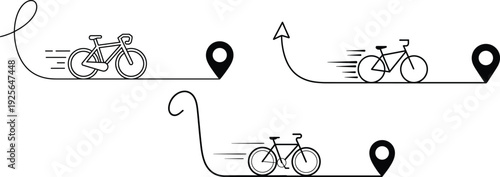 Bicycle delivery route icons with motion lines and location pins for logistics services