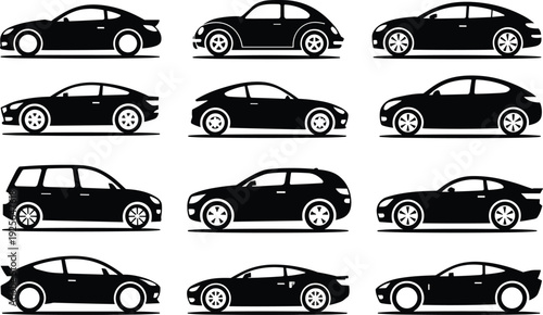 Collection of diverse car silhouettes isolated on white background, showcasing various vehicle types and styles for automotive design concepts