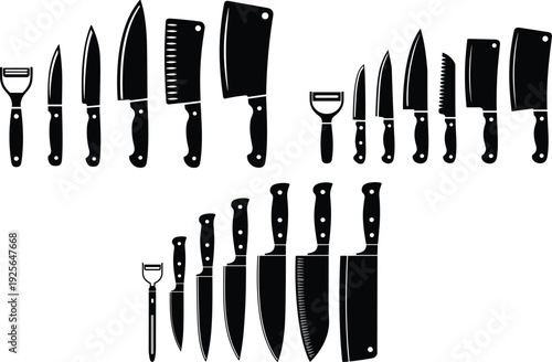 Collection of kitchen knife silhouettes including cleaver chef knife and vegetable peeler