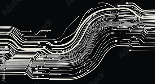 Circuit Board Lines on Black Background with White Accents