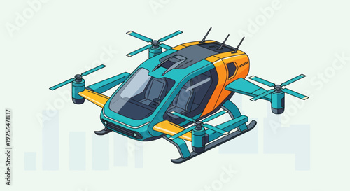 Futuristic Electric Helicopter with Teal and Orange.
