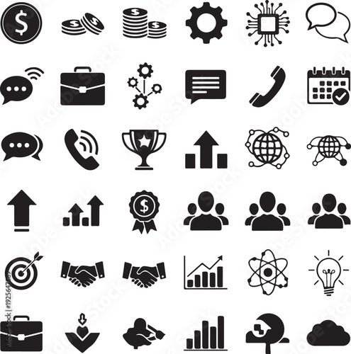 Financial and Business Icon Collection: A comprehensive compilation of financial and business icons, meticulously crafted in a sleek, minimalist style for versatile usage.