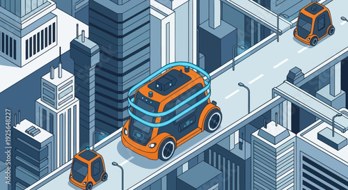 Futuristic Autonomous Vehicle on Elevated Roadway.